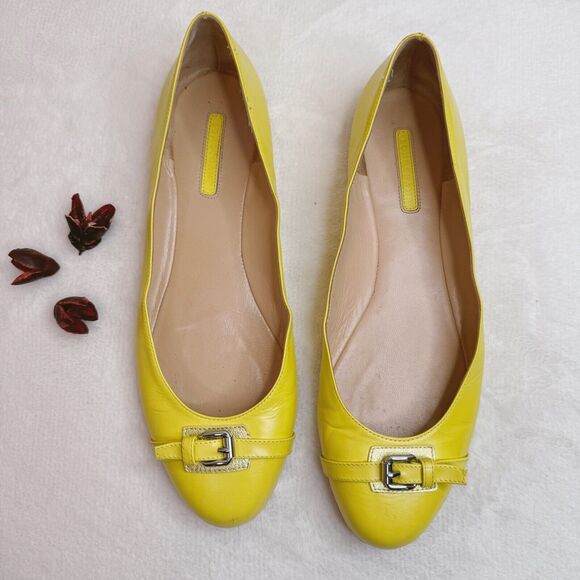 Longchamp Shoes LM Cuir Neon Yellow Ballerina Flats Shoes EU 40 Colorful Buckle - Picture 1 of 15